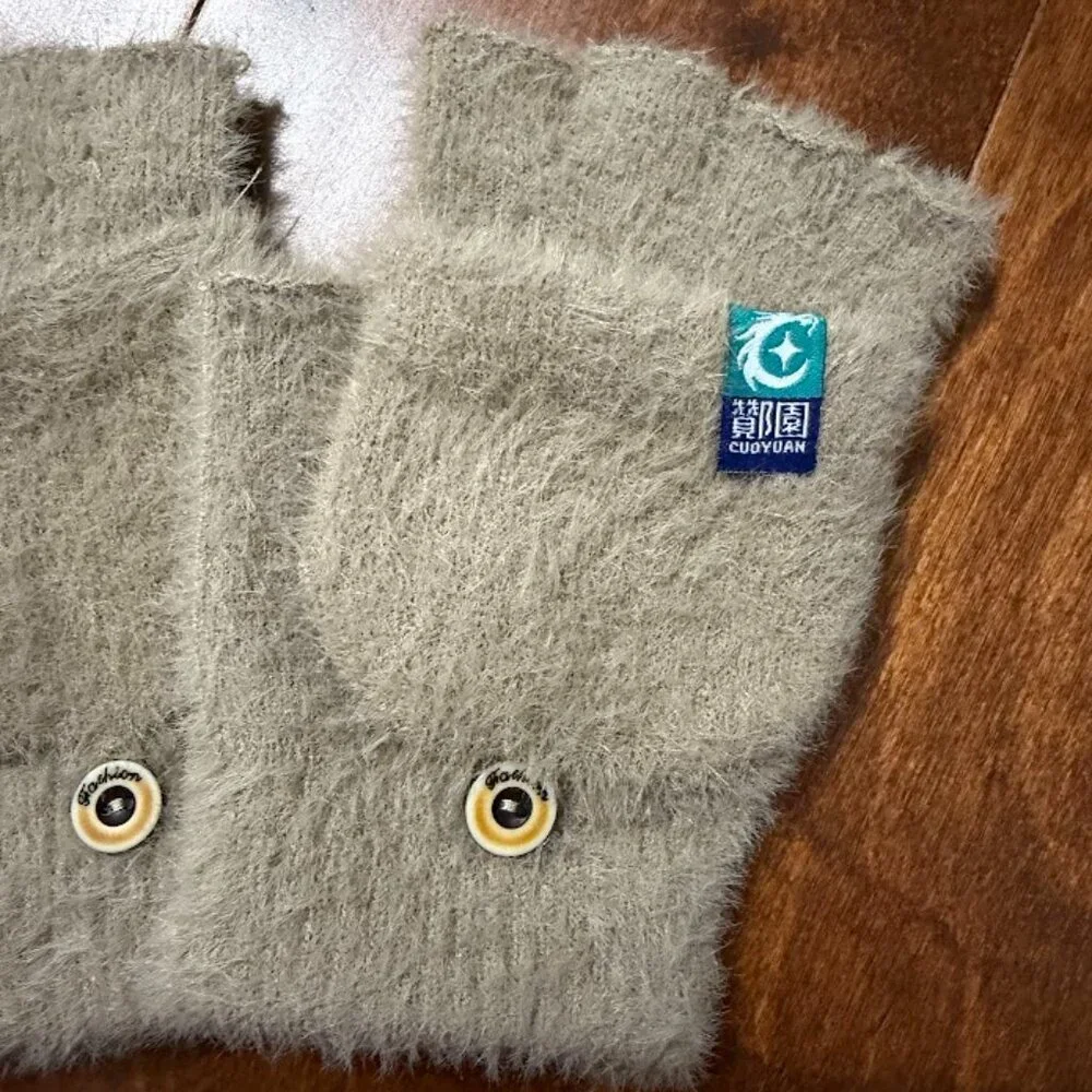 Soft Fuzzy Fingerless Gloves with Button Detail One Size